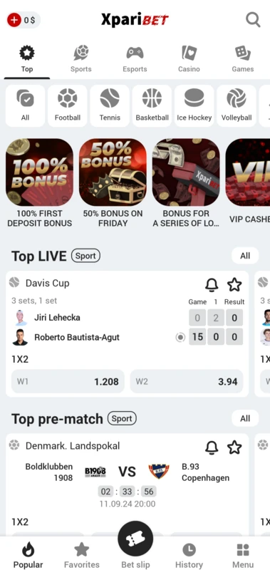Xparibet ilova bosh sahifasi — bonuslar va Top LIVE