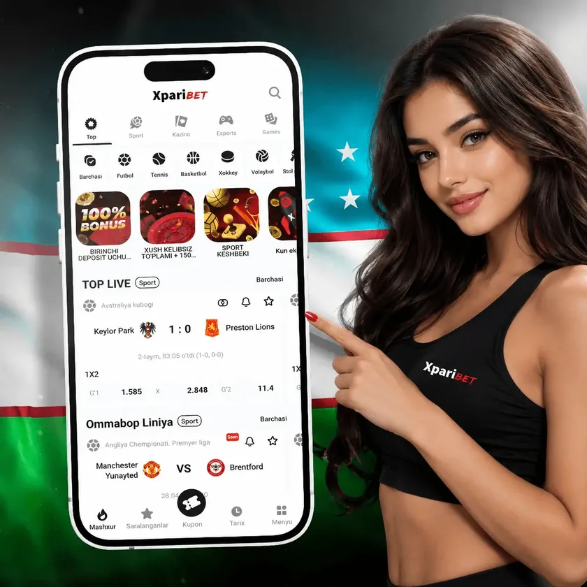 XpariBET formasidagi qiz Xparibet mobil ilovasini ko'rsatmoqda — jonli sport stavkalar va kazino